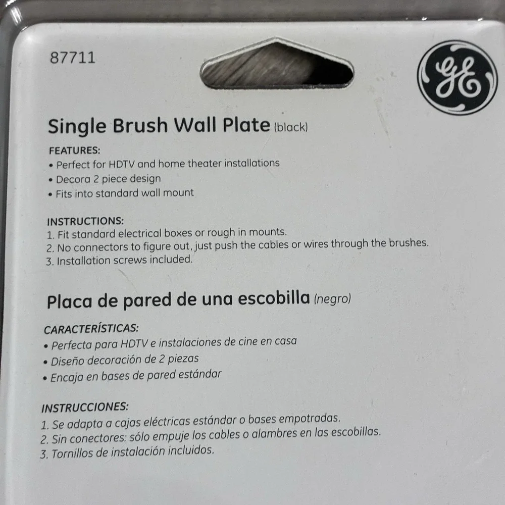 GE Ultra Pro‎ Single Brush Wall Plate 87711 Black Cable Pass Through HDMI New